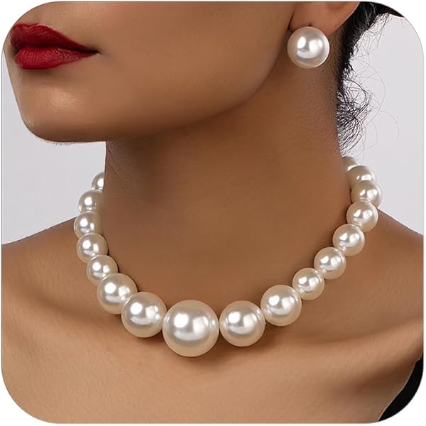 EVILD Women's White Pearl Jewelry Set - Chunky Choker Necklace, Earrings, Bracelet & Ring