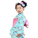 [ KIMONOMACHI ] こども 浴衣セット「スカイブルー変わり格子」 110cm