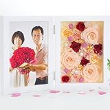 花花 フォトフレーム フォト ★ プリ プリザーブドフラワー （ 大輪 バラ ） 写真立て プレゼント 枯れない お花 【 オリジナル メッセージカード ラッピング 無料 】 （ エレガントオレンジ 