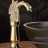 awxjx Washroomシンクミキサータップ銅ヨーロッパレトロスタイルホットとコールドゴールドSit Swan洗面台シングルハンドル1つ穴