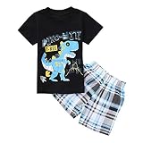 Tovadoo 子供服 2点セット 半袖 英字 動物柄シャツ 恐竜のプリント トップス+チェック柄パンツ セットアップ 可愛い カジュアル 65～100 2才～7才