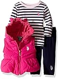 U.S. Polo Assn. Baby Girls' 3 Piece Puffer Vest Long Sleeve Top and Legging Set Very Berry 6-9 Month