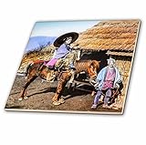 3drose Scenes from the Pastマジックランタンスライド – ヴィンテージJapanese手Colored Farmer彼の娘と馬でサンダル – タイル 6-Inch-Glass