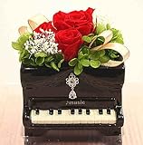プリザーブドフラワー アップライトピアノ黒の陶器に赤バラとかすみ草をアレンジ【クリアケース付】