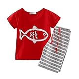 LittleSpring夏 キッズ 男の子 女の子 半袖 Tシャツ＆ボーダー柄 ショートパンツ カジュアル セットアップ レッド90