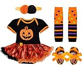 （アイム）iiniim　ハロウィーンカボチャ赤ちゃん半袖ロンパース　カチューシャレッグウォーマーシューズと赤ちゃん幼児女の子ハロウィンカボチャ服ロンパース　ヘアバンド＋ロンパース＋1ペアレッグウォーマ