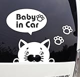 覗き込む ネコ 猫 吹き出し付きカッティングステッカー赤ちゃんカーステッカー (Baby in Car, 白)
