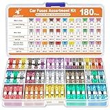 JOREST 180個カーヒューズキット、60個ミニ平型ヒューズ + 60個平型ヒューズ + 60個低背ヒューズ + 1個ヒューズクリップ、 車/トラック/オートバイ用(2A 3A 5A 7.5A 10A 15A 20A 25A 30A 35A 40A)
