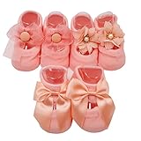 Felice Toddlersソックスかわいいと通気性ベビーガールズコットンシンショートソックス3ペアpack-satinリボンレースちょう結びファブリック花 US サイズ: S カラー: ピンク
