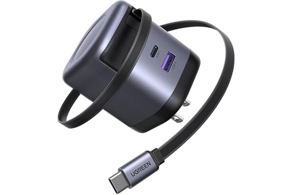 UGREEN 65W 充電器 巻き取り式【単ポート65W】69CM 8階段調整可能 伸縮式 Type-C ケーブル内蔵 USB-C/USB-A 3ポート同時充電可能 PD3.0/PPS 旅行/出張/収納/スマホ/iphone17 16/パソコン/タップレットなどType-C適合 200g