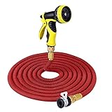 PLUSINNO　伸縮ホース　散水ホース　伸びるホース　魔法のホース　三層構造ゴム　3倍に伸びる　9パターン散水ノズル　ノズル付き　ガーデニング　花園　洗車　掃除用　赤【1年間の安心保証】 (7.5M