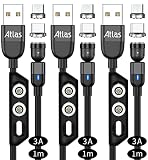 (株)アトラス マグネット充電ケーブル 1m x 3本 セット (黒) 3A 急速充電 データ転送/マグネット端子 ：MicroUSB, Type-C/端子ケース付き/アンドロイド スマートフォン用