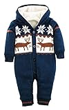 (コ-ランド) Co-land ベビー服 あったか ロンパース 赤ちゃん カバーオール 新生児 長袖 フード付き シカと雪花柄 秋冬着 ニット 男の子 女の子 もこもこ 出産祝い ネイビー 2A
