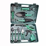 ガーデニングツール10点セット　園芸用品　庭道具　ガーデニング用品　ガーデン　スコップ　熊手　はさみ　霧吹き　収納ケース付き　グリーン