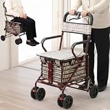 iimono117 シルバーカー 座れる 軽量 コンパクト ハンドブレーキ 補助具 手押し車 折りたたみ 6輪 歩行補助 シルバーカート カゴ 買い物 カート 丈夫 おしゃれ (レッド)