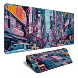 日本製マウスパッド デスクパッド 80年代 シティ デスクデコマット 大型ゲーミングマウスパッド デスクコンピューター キーボード ノートパソコン用 デスクデコレーション ホームオフィスアクセサリー (31.5x11.8インチ) - ステッチ入りEgesパッド付き