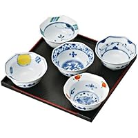 波佐見焼 小鉢 八角 小付 染錦 絵変り 盆付 化粧箱入 直径 8.5 cm   5個 セット 30010