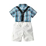 LZEベビー服 子供服 Tシャツ 男の子 夏 可愛い パーティー 記念日 プレゼント 18ヶ月-6歳 子供の半袖紳士のチェック柄のシャツのシャツ+ビブ4セット