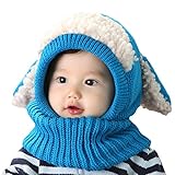 うさぎちゃん風 ニット帽 キッズ ベビー 赤ちゃん 子供用　ウール かわいい 防寒　暖かい　耳付き　マフラー付き帽子 (ブルー)