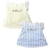 (イエロー/90cm)ベビー服 女の子 Tシャツ 半袖 チュールレース袖 ダブルストライプ ロゴプリント 星柄刺繍 スナップボタン付 女児 ベビー