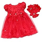 （イーエフイー）EFE 女児ワンピース　2点セット　ドレス＋ヘッドバンド　花飾り　ビーズ　パフスリーブ　結婚式　誕生日　記念撮影　レッド　80/90/100 レッド 80