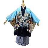 七五三 5歳 5才 男児 トータル13点フルセット 男の子 着物 紋付羽織袴 紋付袴 10タイプ/14(兜に巻物・水色)