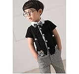 WIN　男の子 キッズ 半袖 ワイシャツ＆7分丈ズボン 上下セットアップ 韓国 子供服 子供スーツ 結婚式 ・七五三・服 紳士服 男の子 キッズ＆ベビー＆ジュニア トップス (120cm, ブラック)