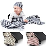 北欧【コットン100％使用】赤ちゃん用　ケットと帽子のセット［Baby Collection］Cotton Stripe (カーキ＆ホワイト)