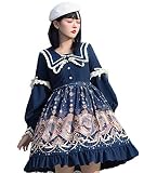 [milky time] クラロリ ロリータ クラシカル ワンピース 長袖 ねこ セーラー襟 ネイビー コスプレ コスチューム レディース ミディアム (ネイビー, M)