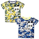 (グリーン/90cm)ベビー服 男の子 Tシャツ 半袖 スナップボタン 胸ポケット 襟リブ ロゴプリント 迷彩 パンダ柄 男児 ベビー