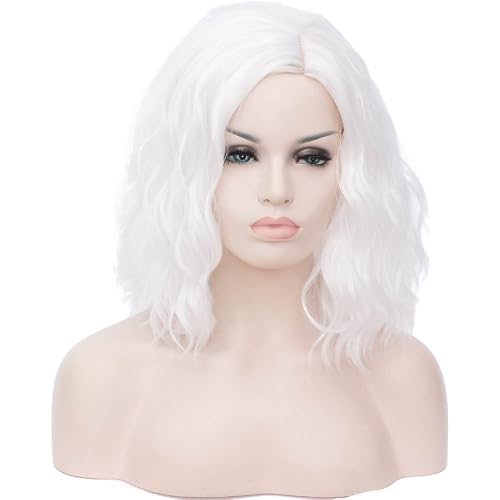 BERON White Wigs for Women Short Curly Bob Side Part Wig Girls Shoulder Length Body Wavy Hair Wig White Heat Resistant Synthe