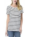 授乳服半袖ボーダーtシャツ夏服マタニティウェアトップス (L, ホワイト)