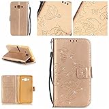 Samsung Galaxy Grand Prime ケース OMATENTI 手帳型 財布型 マグネット式 PUレザー スタンド機能 カードホルダ付き 衝撃吸収 耐衝撃 保護カバー (6-ゴールド)