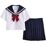 [Aculldo] セーラー服 半袖 女子制服 学生服 女子高校生 高校生 学生 制服 コスチューム 3点セット JK制服 刺繍 白二本 紺色の襟 可愛い 清純 コスプレ 学園祭 文化祭 仮装 本格制服