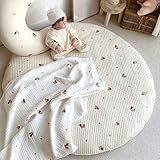 ベビーマット プレイマット 赤ちゃん マット ベビージム 円形 月齢フォトアイボリー 直径80㎝ ファスナー付き イブル 綿100% 柄 キルト くすみ系 ラウンド型 円形 ふんわり クッション プレイマット お昼寝マット 洗える カバー式 (D)