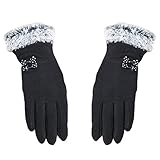 (サンライン)Sun Line 手袋 レディース スマホ 蝶結び おしゃれデザイン 帯毛の あったか 寒い季節の必需品 (ブラック)