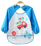 Adamz.sp 赤ちゃん 長袖 エプロン 選べる５色 防水 食べこぼしポケット 食事 ビブ スタイ ガウン スモック (ブルー)