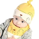 Gespout 帽子 ベビー 赤ちゃん コットン キツネ柄 春 夏 秋 0-12ケ月 可愛い 子供 キッズ 睡眠用 キャップ 誕生日 プレゼント 人気 ２点セット（帽子 生唾襟巻き） 黄色