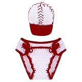 Domybest ベビー ニット 新生児 写真撮影 ニット 野球帽 小道具 柔らかい コットン 男の子 女の子 可愛い　帽子+パンツ 新生児セーター レッド