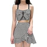 [TXWZM] 水着 レディース 体型カバー 可愛い 無地 チェック柄 スイムドレス ビキニ セパレート 温泉水着 セクシー キャミソール