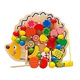 HLJgift Wooden Fruits and Vegetables Lacing & Stringing Beads Toys with Hedgehog Board for Above 3 Y