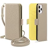 MAGICASE for iPhone12ケース手帳型 いphone12 ケース 手帳型ショルダー iPhone12 Pro ケース 手帳型 女性 スマホケースiphone12 おしゃれ 肩掛け アイフォン12 ケース 手帳型 マグネット式 カード収納 スタンド機能 iPhone12 カバー 高級PUレザー 耐衝撃 軽量 放熱性 全面保護 人気 大人 6.1インチ適応（グレー メ イェロー）