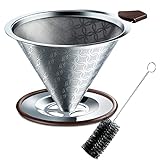 SRIWATANA コーヒードリッパー ステンレスフィルター 改良版 2層メッシュ 一体式 洗浄用ブラシ付き 4杯用