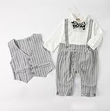 ベビーフォーマルロンパース+ベスト二点セット　カバーオール白いシャツ紳士風洋服　グレー　長袖70cm~95cm 初節句やハーフバースデーなどのイベント (90, グレー) S'M(エスエム)