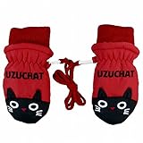 ミトン ベビー 女の子 グローブ 手袋 裏ボア ひも付 ネコ レッド 3-4才