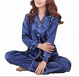 サテン レディース パジャマ ナイト ルーム ウエア シルク ネイビー (M)