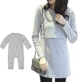 SAM&co (サムアンドコー) 親子セット 授乳服 チュニック 長袖 ロンパース 授乳口付 ボーダー (L, グレー)