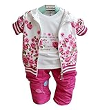 (ビグッド)Bigood かわいい ベビー 女の子 花柄 Ｔシャツ＋アウター＋ロングパンツ 上下 3点セット セットアップ カジュアル 出産祝い（ローズ色・80）