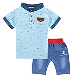 YUEGUANG tシャツ デニム子供服 キッズ 子供スーツ 半袖 男の子パンツ 男児 フォーマルスーツ 2点セット 結婚式 発表会 入学式 卒業式 御食い初め (100cm, ブルー)