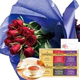 花とスイーツ ギフトセット エレガント レッドバラ　花束 と トワイニング ティーバッグ 詰合せ 写真入り・名入れメッセージカード
